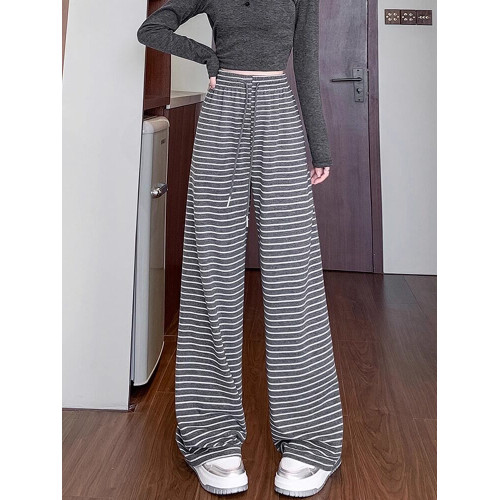 145小個子條紋糯米褲子女春秋150高腰垂感針織濶腿褲休閒拖地長褲