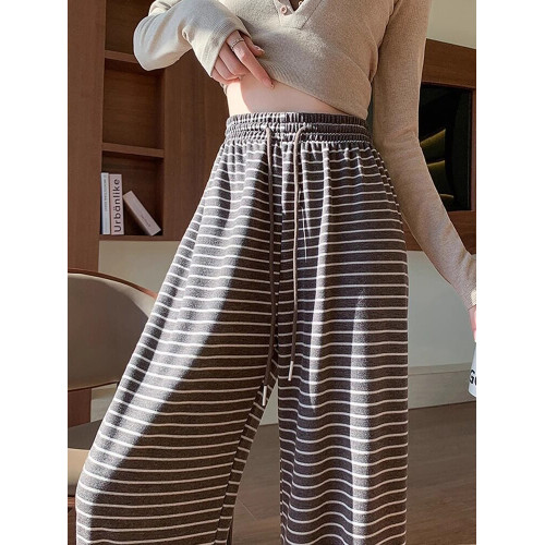 145小個子條紋糯米褲子女春秋150高腰垂感針織濶腿褲休閒拖地長褲