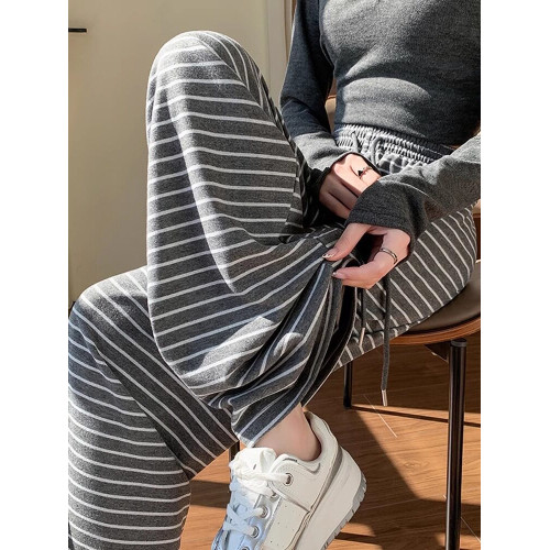 145小個子條紋糯米褲子女春秋150高腰垂感針織濶腿褲休閒拖地長褲