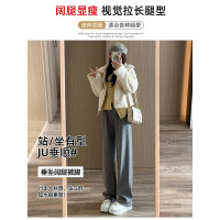 灰色仿羊毛絨加絨濶腿褲女秋季高腰垂感直筒窄版休閒褲糯米針織褲