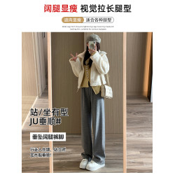 灰色仿羊毛絨加絨濶腿褲女秋季高腰垂感直筒窄版休閒褲糯米針織褲