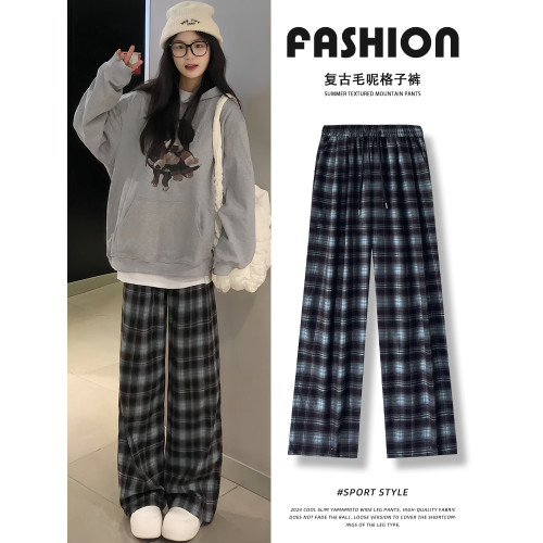 美式復古格子直筒濶腿褲女秋冬2025新款高腰慵懶寬鬆加厚加絨長褲