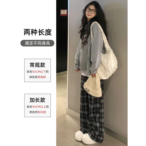 美式復古格子直筒濶腿褲女秋冬2025新款高腰慵懶寬鬆加厚加絨長褲