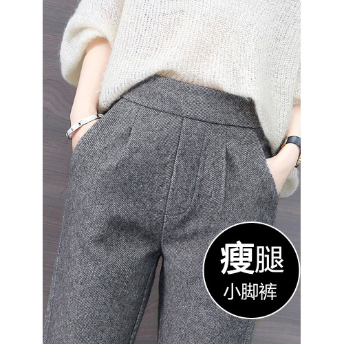 啄木鳥毛呢褲子女秋冬2025年新款加厚顯瘦加絨女褲冬季小腳哈倫褲