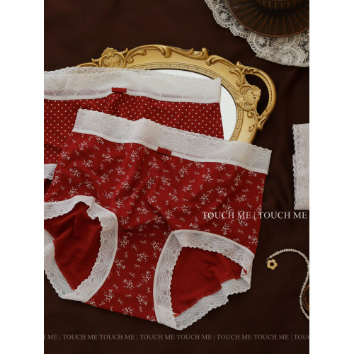 touchme法式復古海棠紅色內褲女本命年結婚純棉襠抑菌透氣中腰3條