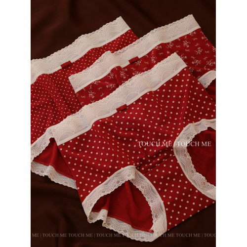 touchme法式復古海棠紅色內褲女本命年結婚純棉襠抑菌透氣中腰3條