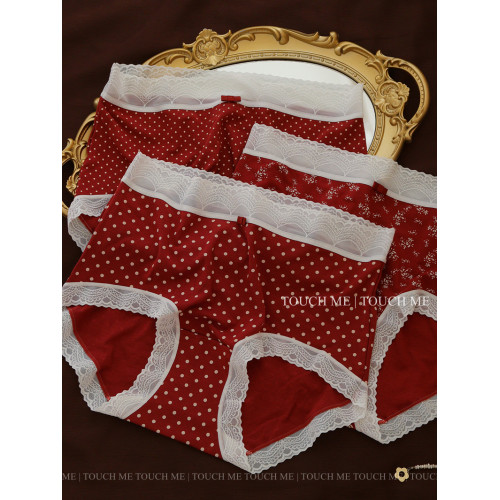 touchme法式復古海棠紅色內褲女本命年結婚純棉襠抑菌透氣中腰3條