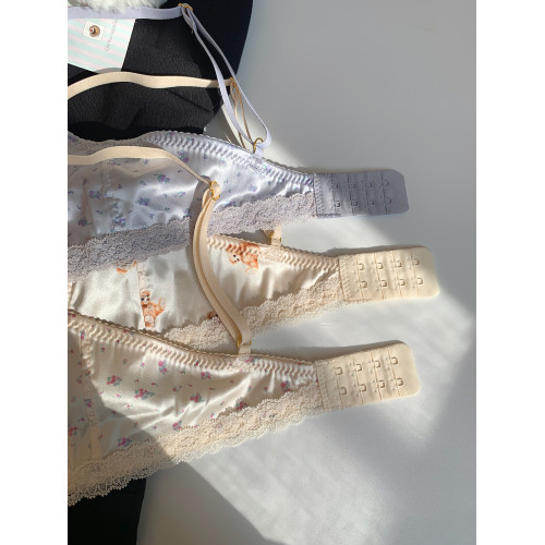 馨幫幫Bra 法式蕾絲碎花貝殼杯內衣女薄款無鋼圈小胸聚攏緞面文胸