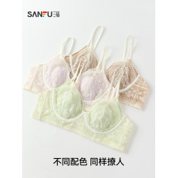 三福 薄B杯無鋼圈小胸聚攏文胸 法式蕾絲撞色假兩件內衣513251