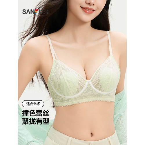 三福 薄B杯無鋼圈小胸聚攏文胸 法式蕾絲撞色假兩件內衣513251