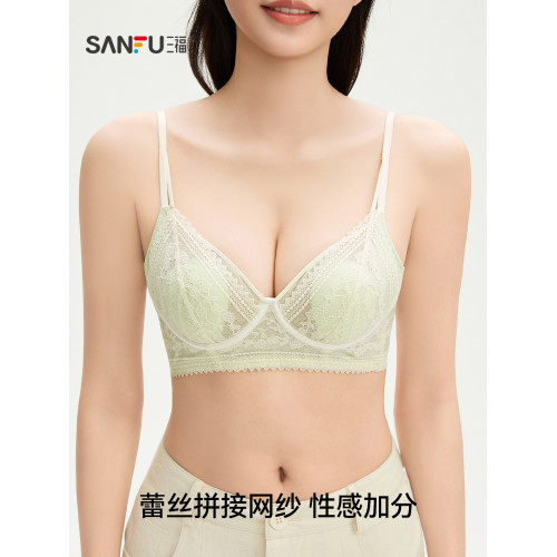 三福 薄B杯無鋼圈小胸聚攏文胸 法式蕾絲撞色假兩件內衣513251