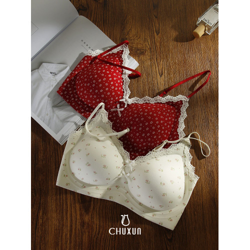 輕薄浪漫波點碎花無痕文胸蕾絲邊無鋼圈內衣舒適提拉小胸吊帶背心