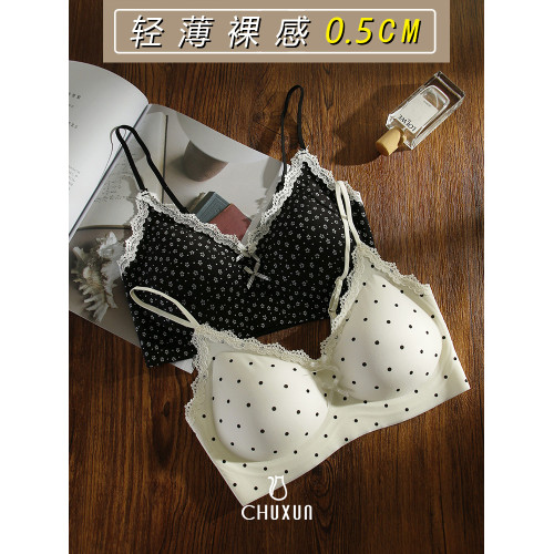 輕薄浪漫波點碎花無痕文胸蕾絲邊無鋼圈內衣舒適提拉小胸吊帶背心