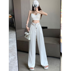 白色冰絲西裝褲子女夏季薄款性感鏤空高腰濶腿褲垂感休閒拖地長褲