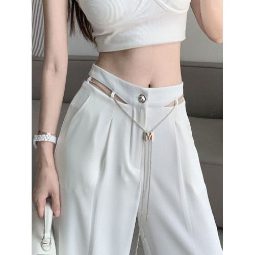 白色冰絲西裝褲子女夏季薄款性感鏤空高腰濶腿褲垂感休閒拖地長褲