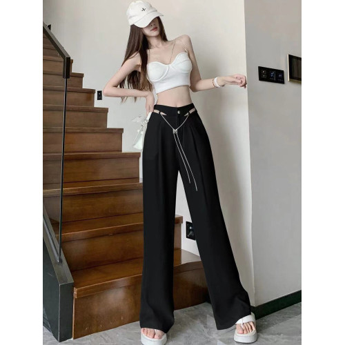 白色冰絲西裝褲子女夏季薄款性感鏤空高腰濶腿褲垂感休閒拖地長褲