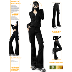 黑色工裝褲女2026新款秋冬小個子厚款顯瘦流行休閒運動微喇叭褲子