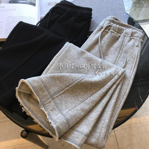 秋季2025新款灰色運動褲顯瘦高腰直筒濶腿褲毛邊休閒褲女春秋褲子