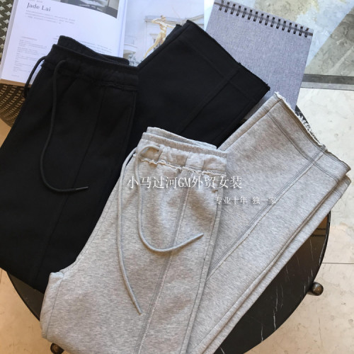 秋季2025新款灰色運動褲顯瘦高腰直筒濶腿褲毛邊休閒褲女春秋褲子