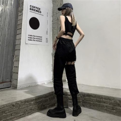 褲子女夏季寬鬆直筒長褲高腰寬鬆鏤空褲跳舞工裝濶腿休閒褲潮ins