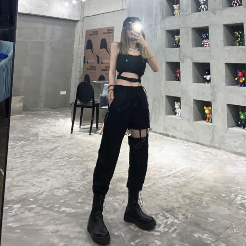 褲子女夏季寬鬆直筒長褲高腰寬鬆鏤空褲跳舞工裝濶腿休閒褲潮ins