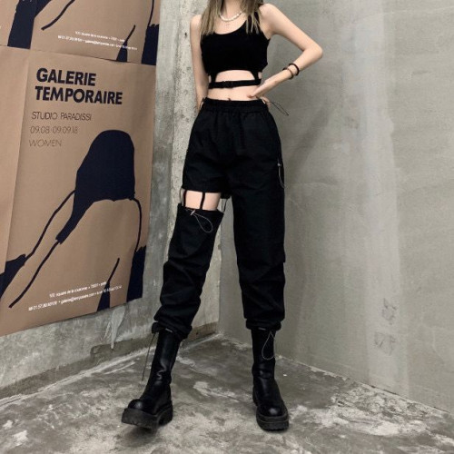 褲子女夏季寬鬆直筒長褲高腰寬鬆鏤空褲跳舞工裝濶腿休閒褲潮ins