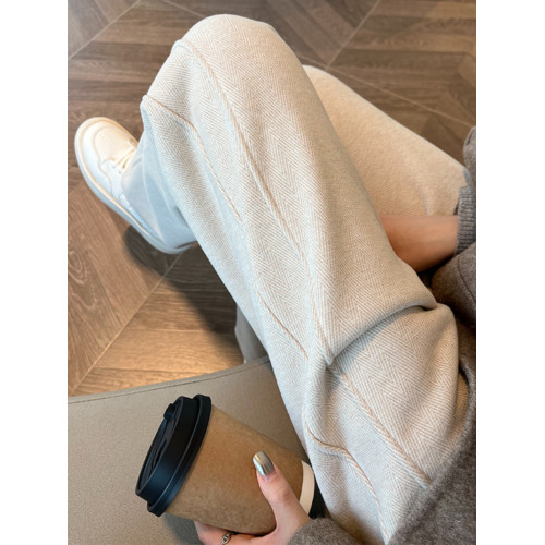 燕麥色人字紋濶腿褲女秋冬加絨加厚直筒毛呢寬鬆高腰顯瘦休閒長褲