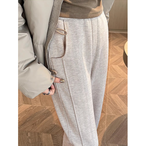 燕麥色人字紋濶腿褲女秋冬加絨加厚直筒毛呢寬鬆高腰顯瘦休閒長褲