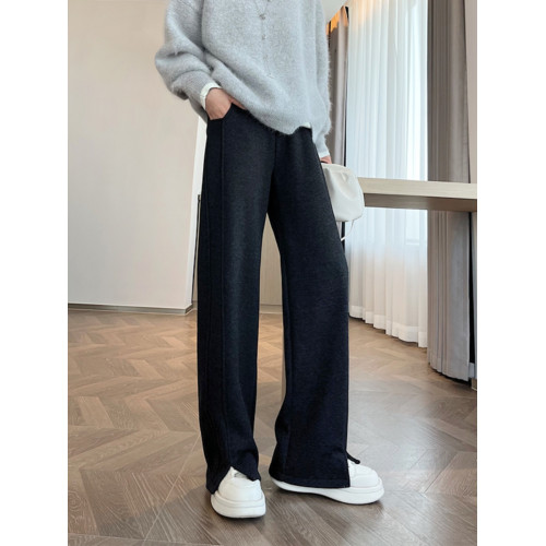 燕麥色人字紋濶腿褲女秋冬加絨加厚直筒毛呢寬鬆高腰顯瘦休閒長褲