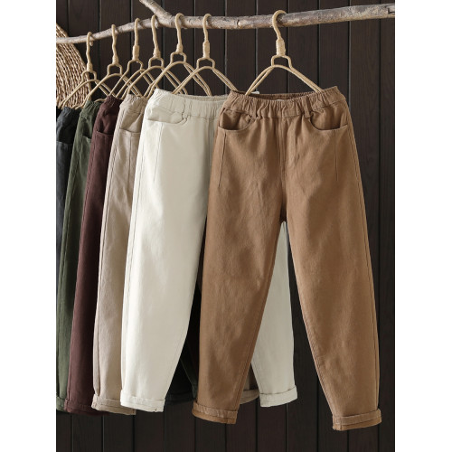 松緊腰秋冬季加絨休閒褲女加厚哈倫褲白色2024新款蘿蔔褲黑色褲子