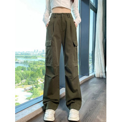 軍綠色直筒工裝褲女春秋款高腰顯瘦大碼濶腿褲胖mm梨形身材長褲子