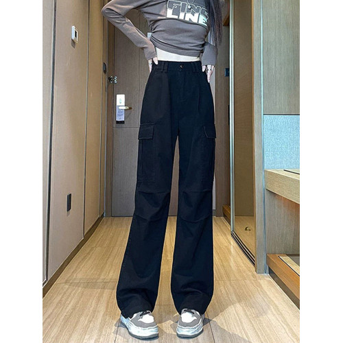 軍綠色直筒工裝褲女春秋款高腰顯瘦大碼濶腿褲胖mm梨形身材長褲子