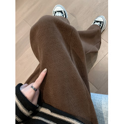 棕咖色燈芯絨褲女春秋冬季加絨直筒雪尼爾高腰垂感條絨拖地濶腿褲