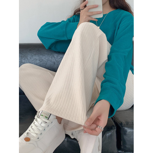 棕咖色燈芯絨褲女春秋冬季加絨直筒雪尼爾高腰垂感條絨拖地濶腿褲