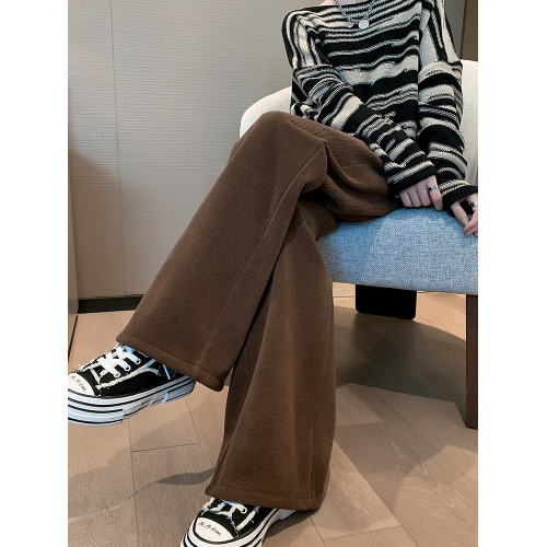 棕咖色燈芯絨褲女春秋冬季加絨直筒雪尼爾高腰垂感條絨拖地濶腿褲