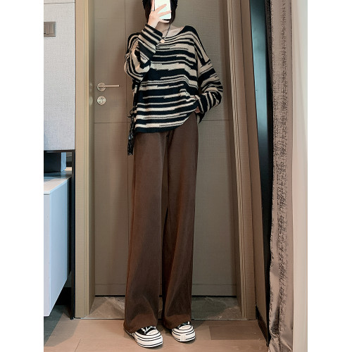 棕咖色燈芯絨褲女春秋冬季加絨直筒雪尼爾高腰垂感條絨拖地濶腿褲