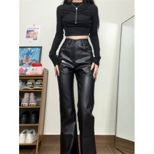 黑色微喇叭皮褲褲女秋季款辣妹高腰顯瘦高個子修身PU直筒拖地長褲