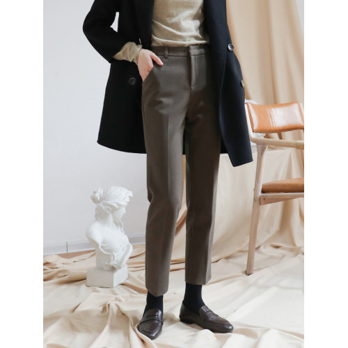 2025秋冬加厚茶棕色韓版毛呢休閒褲菸琯九分直筒西褲女高腰小腳褲