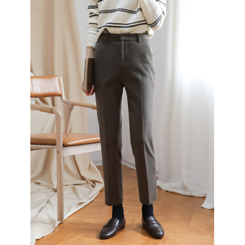 2025秋冬加厚茶棕色韓版毛呢休閒褲菸琯九分直筒西褲女高腰小腳褲