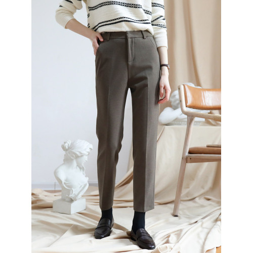 2025秋冬加厚茶棕色韓版毛呢休閒褲菸琯九分直筒西褲女高腰小腳褲