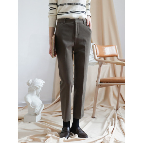 2025秋冬加厚茶棕色韓版毛呢休閒褲菸琯九分直筒西褲女高腰小腳褲