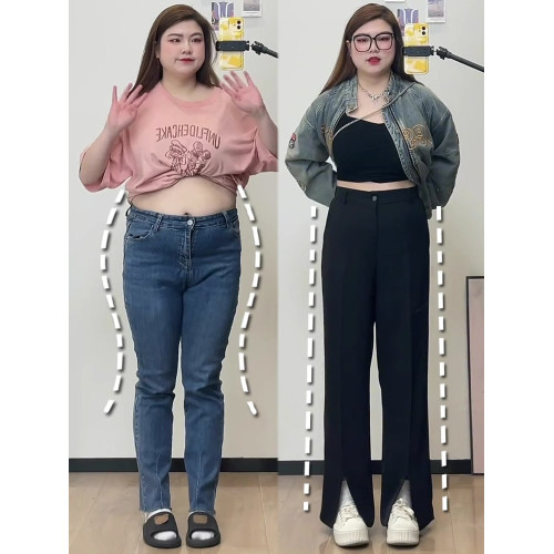 垂感開叉西裝濶腿褲女200斤大碼微胖mm顯瘦休閒褲梨形身材遮胯褲