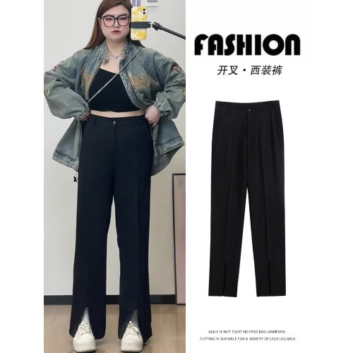 垂感開叉西裝濶腿褲女200斤大碼微胖mm顯瘦休閒褲梨形身材遮胯褲