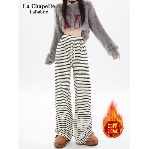 拉夏貝爾Lababite白色加絨條紋濶腿褲冬季女2025新款休閒毛巾褲子