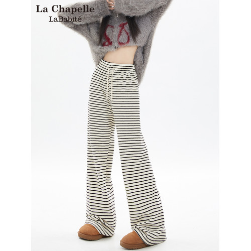 拉夏貝爾Lababite白色加絨條紋濶腿褲冬季女2025新款休閒毛巾褲子