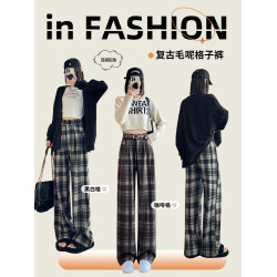 復古毛呢格子褲子女秋冬2025新款垂感直筒休閒慵懶加絨窄版濶腿褲