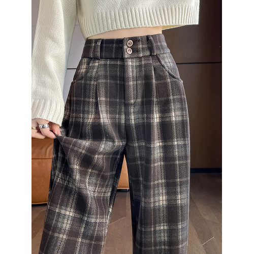 復古毛呢格子褲子女秋冬2025新款垂感直筒休閒慵懶加絨窄版濶腿褲 復古毛呢格子褲子女秋冬2025新款垂感直筒休閒慵懶加絨窄版濶腿褲