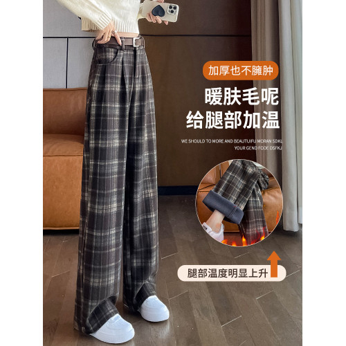 復古毛呢格子褲子女秋冬2025新款垂感直筒休閒慵懶加絨窄版濶腿褲 復古毛呢格子褲子女秋冬2025新款垂感直筒休閒慵懶加絨窄版濶腿褲