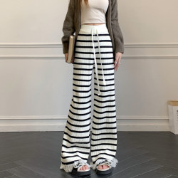 韓系穿搭黑白條紋軟糯針織長褲女秋冬高腰毛邊流蘇直筒休閒拖地褲