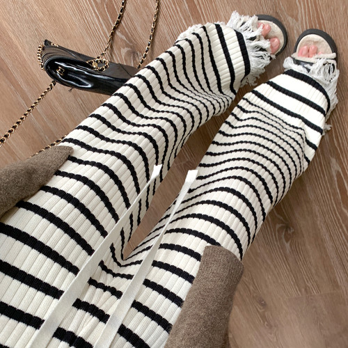 韓系穿搭黑白條紋軟糯針織長褲女秋冬高腰毛邊流蘇直筒休閒拖地褲
